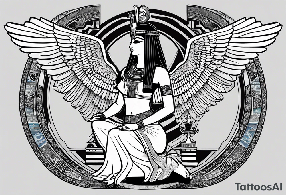 blank and white Egyptian goddess Isis, who is often depicted as a woman with outstretched wings, holding an ankh (a symbol of life) in one hand and a lotus flower in the other. Her headdress often includes a throne or a solar disk. The tattoo design can vary in style and size, but it typically aims to capture the essence of this revered Egyptian deity, emphasizing her beauty, power, and maternal qualities. The choice of colors and additional elements can also be customized to create a unique and visually striking representation of the goddess Isis tattoo idea