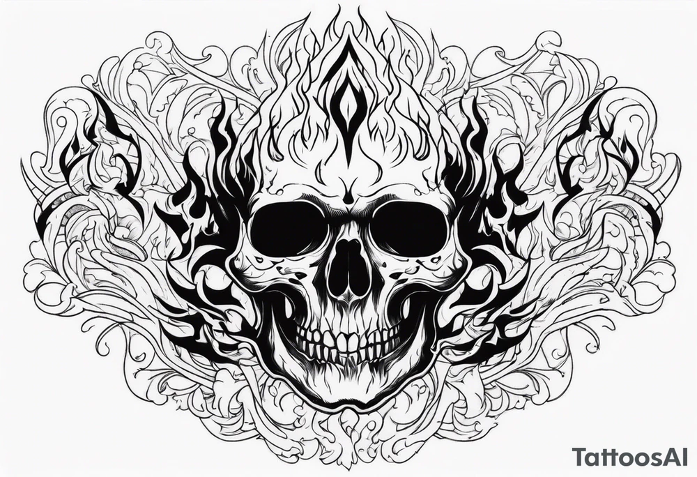 skull surrounded by flames tattoo idea