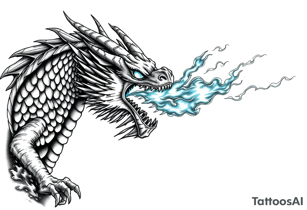 fierce dragon breathing iridescent fire against stormy skies tattoo idea