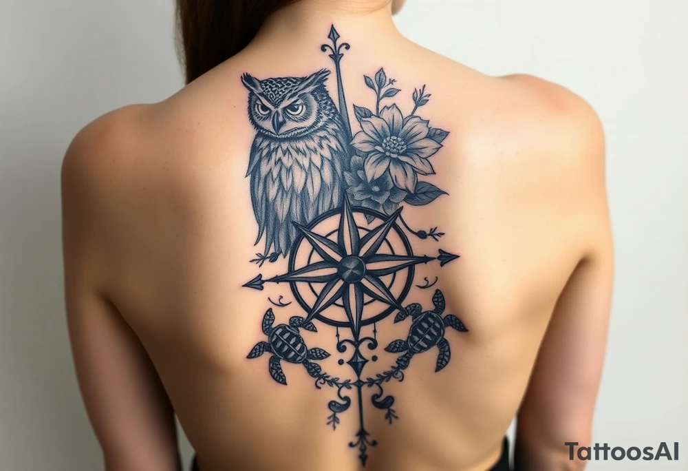 Full back owl on left shoulder flowers on right 3 turtles down spine use antique compass rose overlaid everywhere else tattoo idea