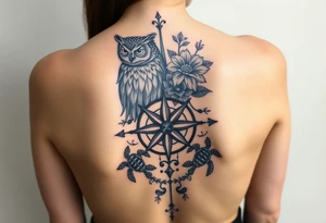 Full back owl on left shoulder flowers on right 3 turtles down spine use antique compass rose overlaid everywhere else tattoo idea