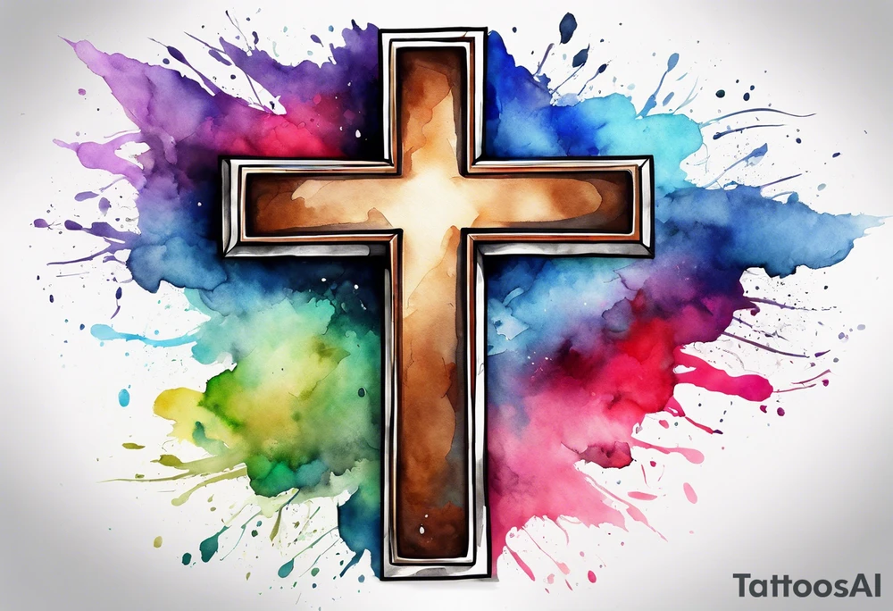 Cross made out of an American football with watercolor background tattoo idea