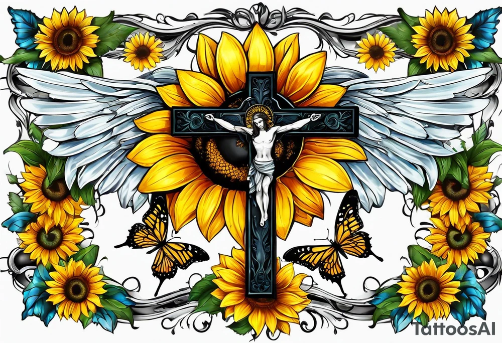 Arm sleeve with Winged cross with sunflower and butterflies tattoo idea