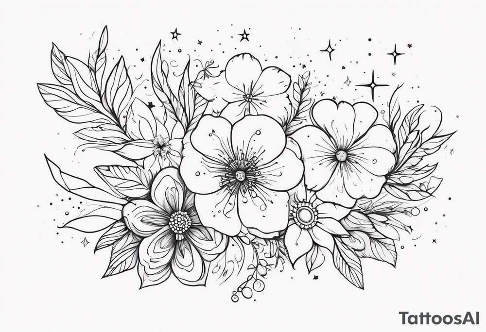 fine line different floral with stars, swirls, dots tattoo idea