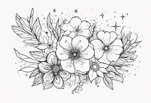 fine line different floral with stars, swirls, dots tattoo idea