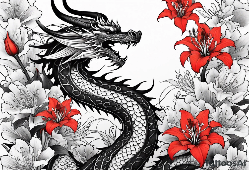 full Dragon with red Spider lilies surrounding it tattoo idea