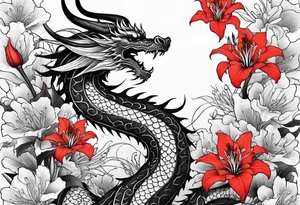 full Dragon with red Spider lilies surrounding it tattoo idea