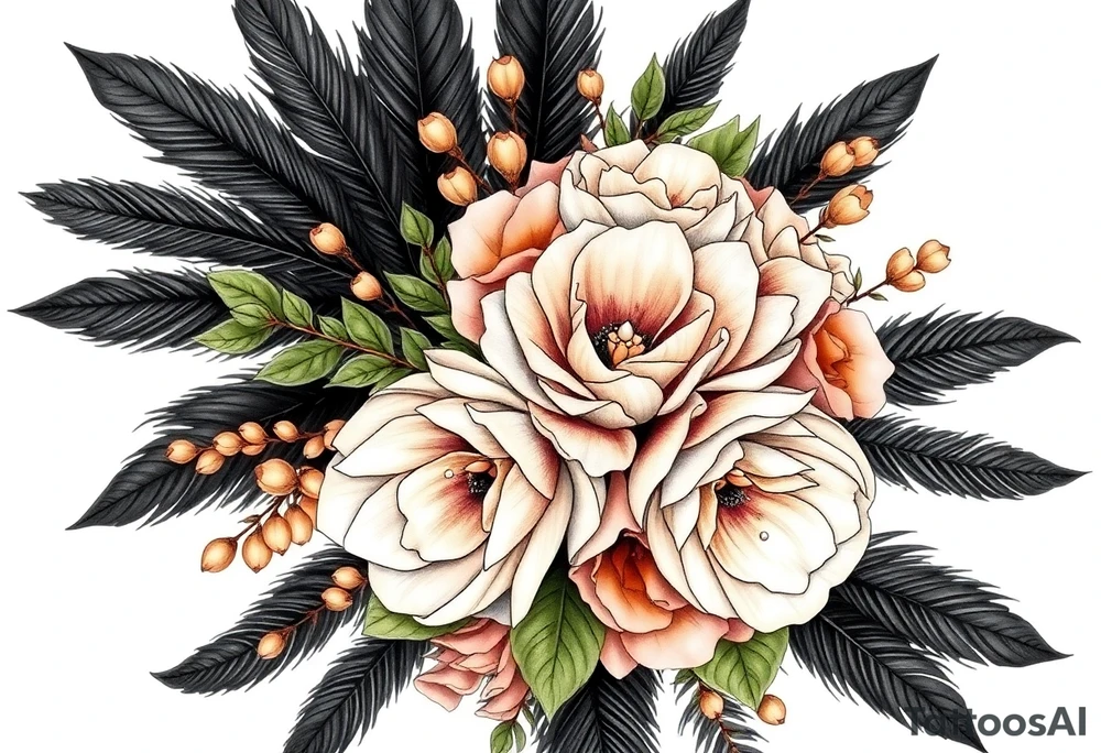 A wedding bouquet of olive green , lavender , rose gold and cream flowers surrounded by black feathers with a single pearl along the spine of the feather tattoo idea