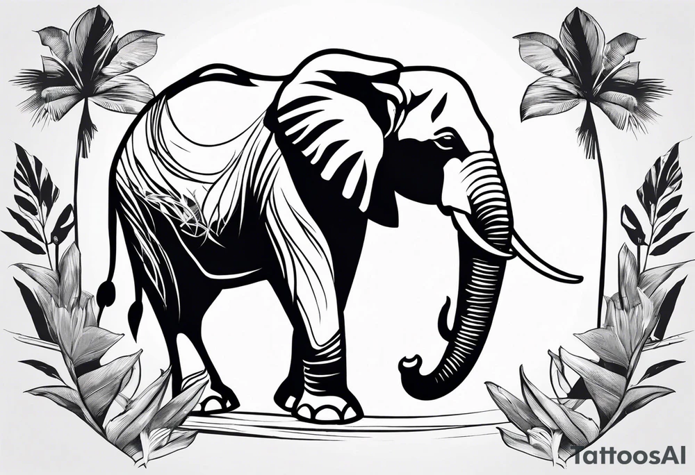 “A majestic elephant with its trunk raised, surrounded by tropical foliage, symbolizing memory and strength tattoo idea