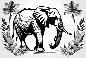 “A majestic elephant with its trunk raised, surrounded by tropical foliage, symbolizing memory and strength tattoo idea