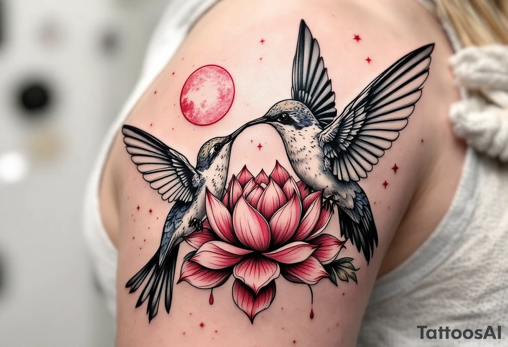 A hummingbird drinking from a lotus flower with one wing made of light (sun disc) and the other made of shadow (crescent moon) (red and black only) tattoo idea