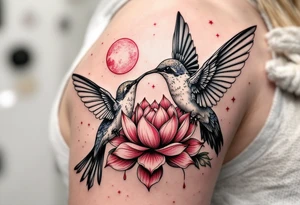 A hummingbird drinking from a lotus flower with one wing made of light (sun disc) and the other made of shadow (crescent moon) (red and black only) tattoo idea