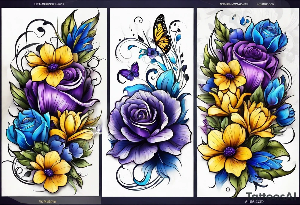 Blue yellow and purple flowers arm sleeve tattoo idea