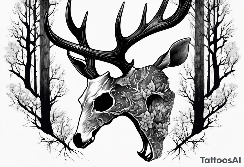 A side profile of decayed deer skull surrounded by trees and fire tattoo idea