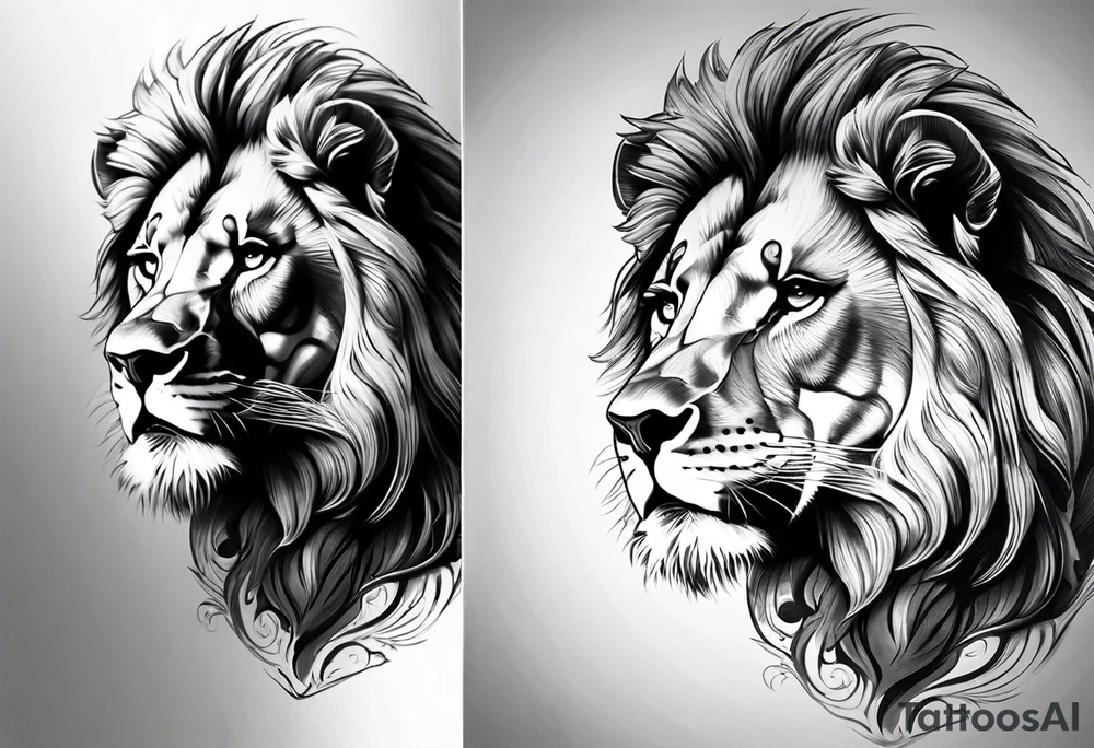 creat a half sleeve from the shoulder to the elbow. The top should have a background that compliments the natural curve of the shoulder. The tattoo should be a powerful lion and a baby cub, looking at their shadow tattoo idea