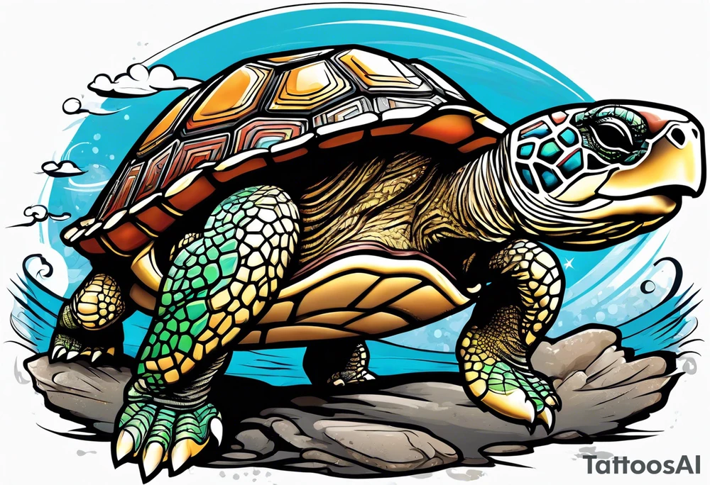 Turtle running upright across the finish line of a marathon tattoo idea