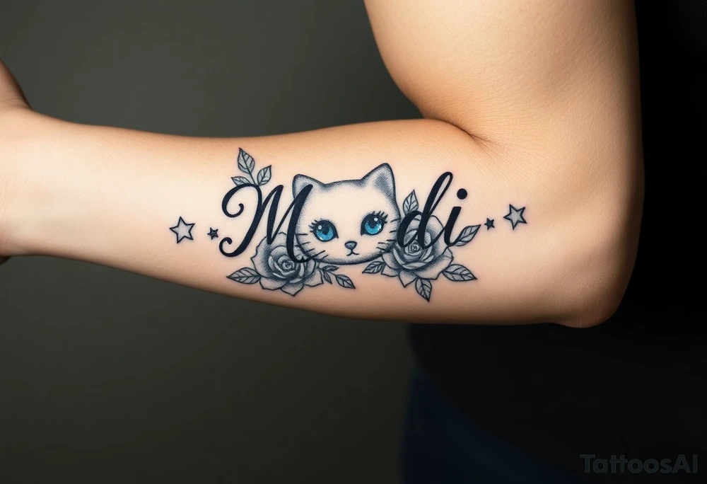 Name Mandi with blue eyes roses and stars hello kitty tattoo idea
