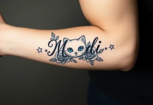 Name Mandi with blue eyes roses and stars hello kitty tattoo idea