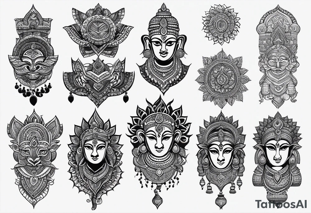 Hindu Sanskrit tribal design on right shoulder and chest, for man. No too dark and more thicker lines. Include ancient Hindu animals, like Navagunjara, elephants, naina snake 5 heads. tattoo idea