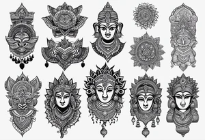 Hindu Sanskrit tribal design on right shoulder and chest, for man. No too dark and more thicker lines. Include ancient Hindu animals, like Navagunjara, elephants, naina snake 5 heads. tattoo idea