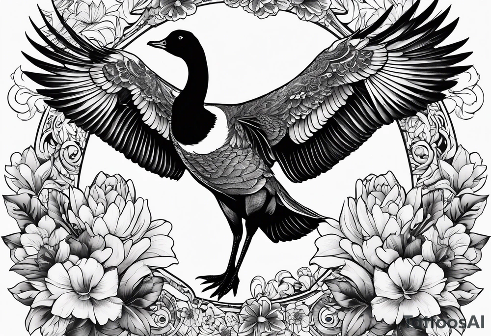 canadian goose spread wings with flowers side tattoo idea