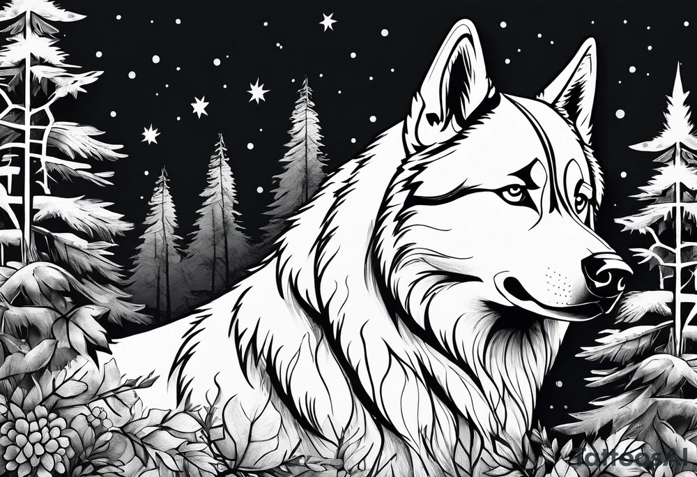 husky with compas and trees tattoo idea
