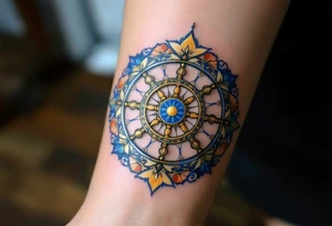 Golden Dharma Wheel with eight spokes in deep gold and royal blue, symbolizing the Noble Eightfold Path. tattoo idea