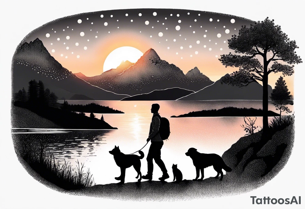 nature, sunset, mountains, a father and son hiking with their dog and cat 
by the water tattoo idea