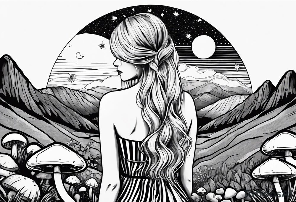 Straight blonde hair girl facing away toward mountains surrounded by mushrooms crescent moon circular design black and white striped dress tattoo idea