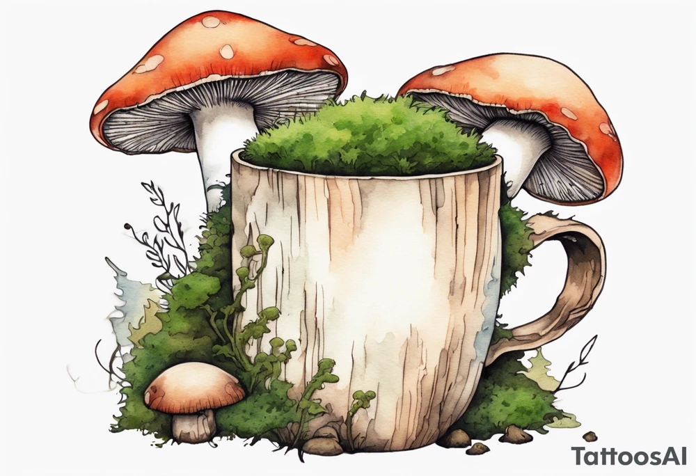 a mushroom with a moss beard drinking from a wood mug tattoo idea