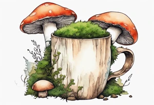 a mushroom with a moss beard drinking from a wood mug tattoo idea