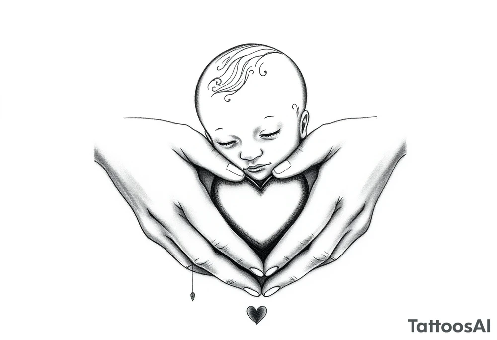 Baby held by working hands with hearts tattoo idea