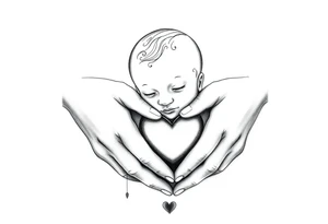 Baby held by working hands with hearts tattoo idea