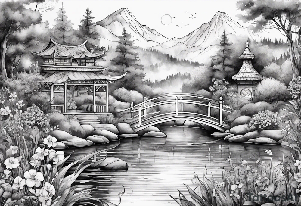 Mystical, hidden garden, flowers, lake tattoo idea
