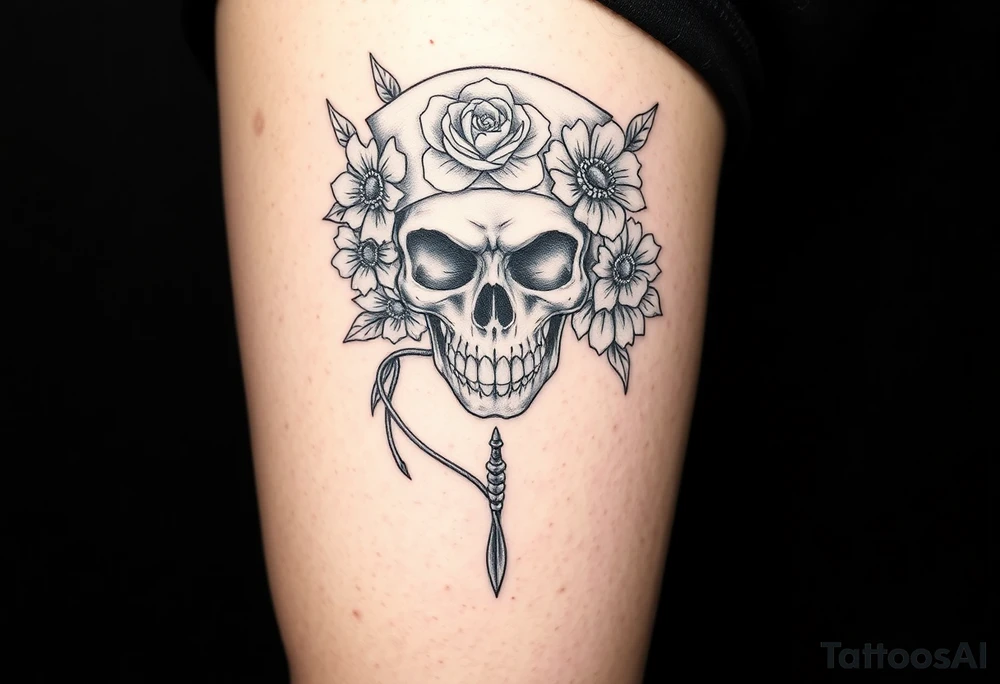 Skull nurse with flower’s and honey combs background tattoo idea