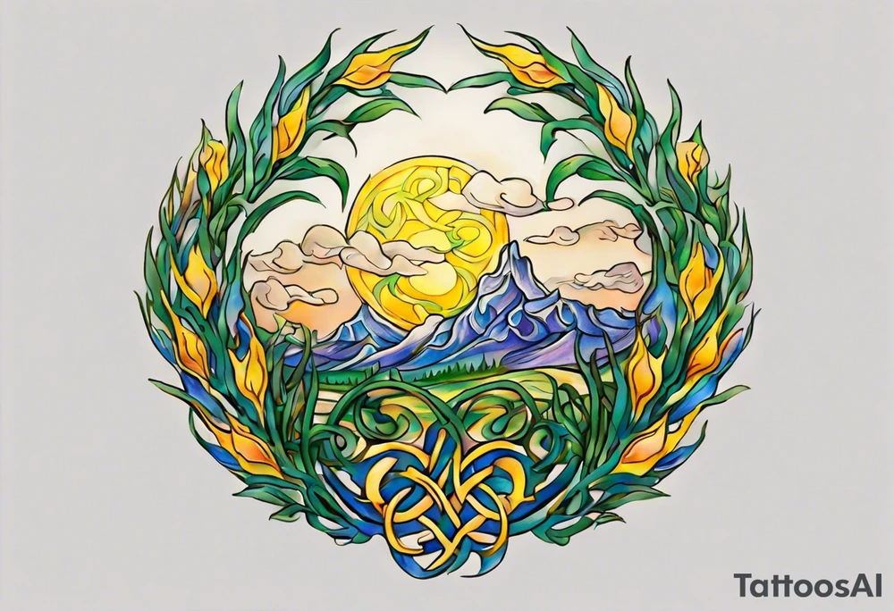 Create a small, colorful Vincent van Gogh Irises tattoo in the form of a crescent, with vines in Celtic knot style gracefully intertwining at a central point in the middle of the wreath. The intended placement is on the upper chest. The middle needs mountains. The overall design should be small in size while maintaining a delicate and artistic aesthetic. Pay attention to the graceful flow of the vines and the placement of the irises to achieve a refined and elegant look. tattoo idea