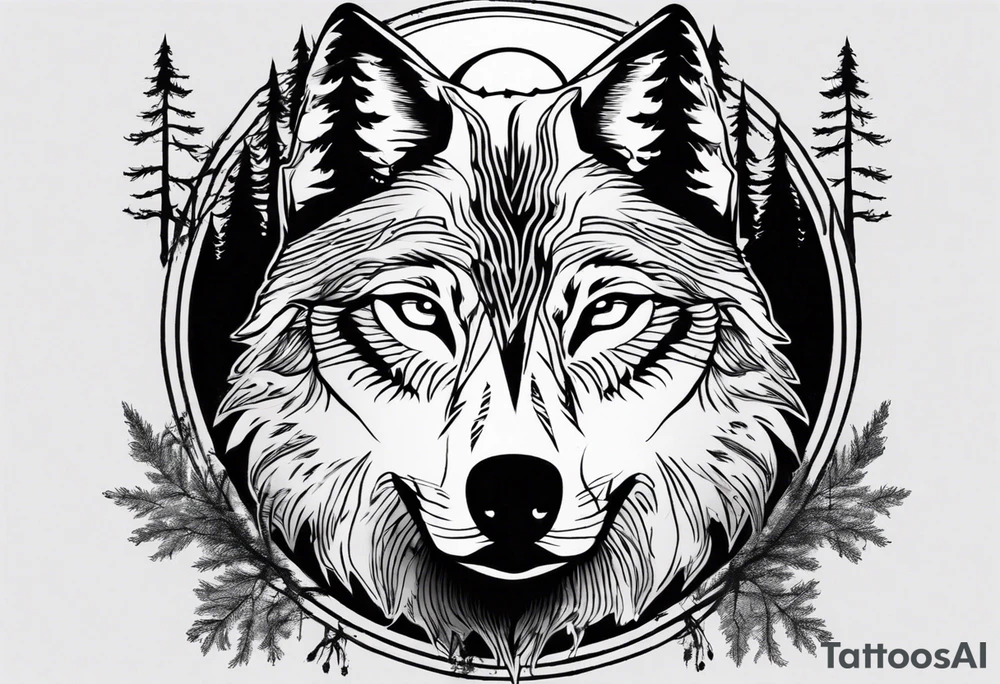 Wolf face with nature in the back ground tattoo idea