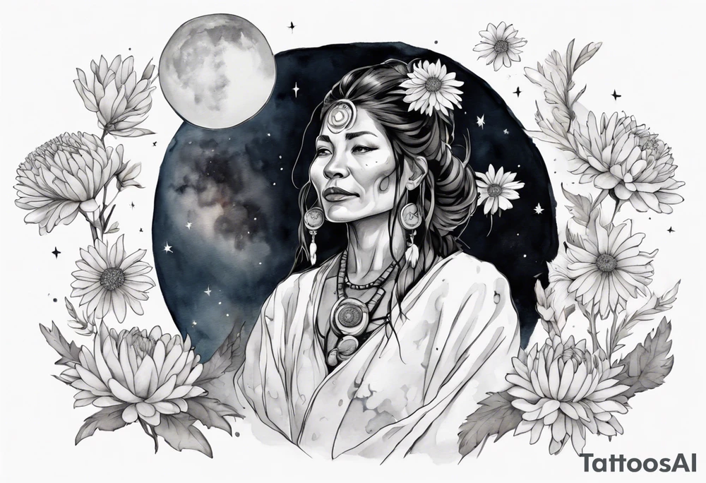 a beautiful 40-year-old Anishinaabe woman wearing black and white robes standing on the moon with a chrysanthemum in her hair tattoo idea