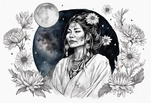 a beautiful 40-year-old Anishinaabe woman wearing black and white robes standing on the moon with a chrysanthemum in her hair tattoo idea