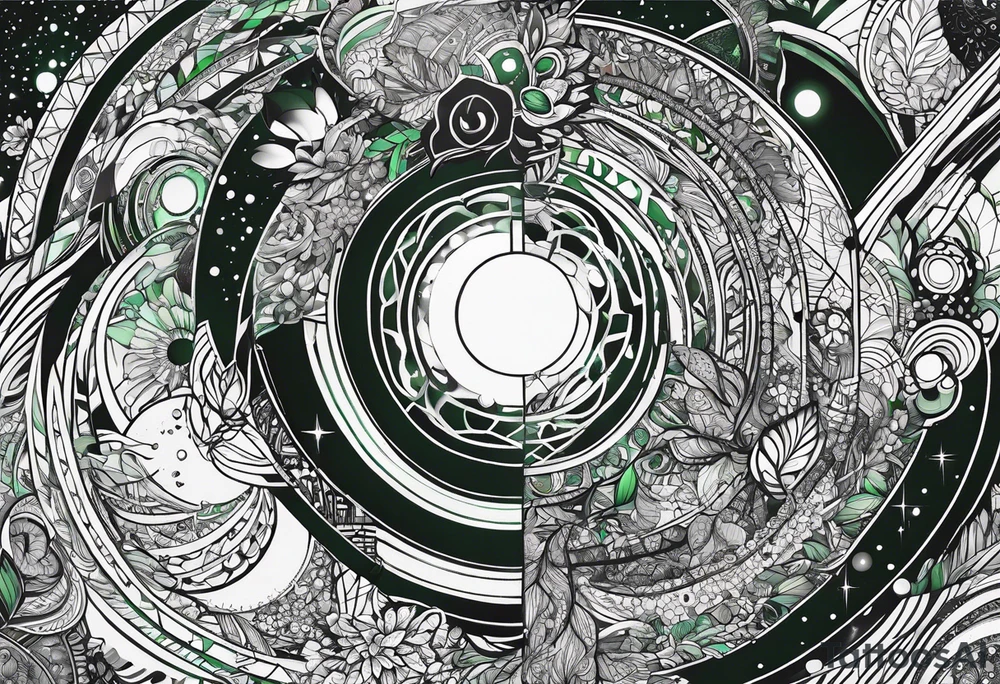 space, abstract, green and black, covered from wrist to forearm, fully covered, no borders, blackwork, no people tattoo idea