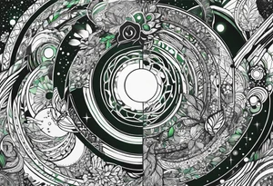 space, abstract, green and black, covered from wrist to forearm, fully covered, no borders, blackwork, no people tattoo idea
