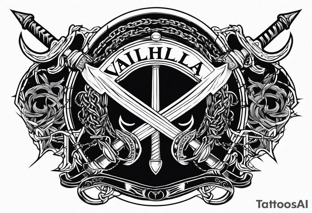 Valhalla sword round
shield axe barbed wire chains dark cloud lightning tattoo idea