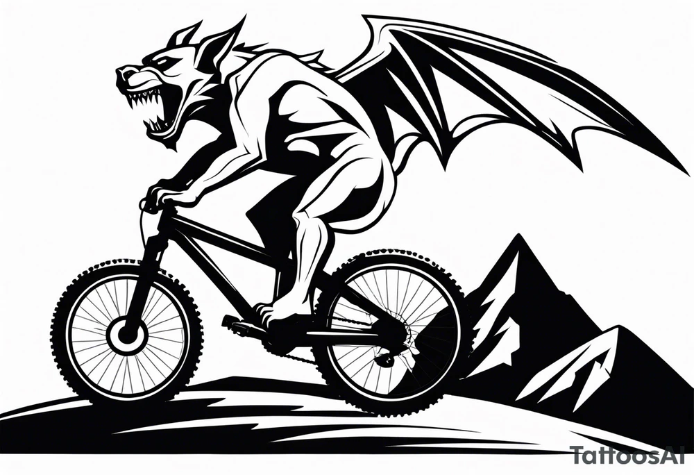 gargoyle riding a full suspension mountain bike with a shadow no background tattoo idea