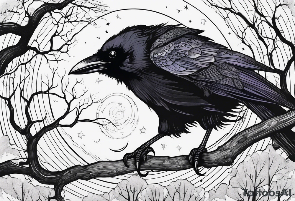 Raven swooping, occult, mystical, knowing, light behind its eyes, ethereal, night sky and trees in the background tattoo idea
