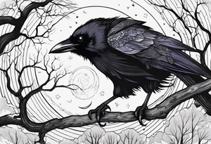 Raven swooping, occult, mystical, knowing, light behind its eyes, ethereal, night sky and trees in the background tattoo idea