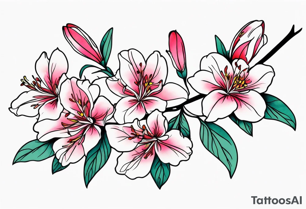 5-petal Azaleas, spread out along a long branch tattoo idea