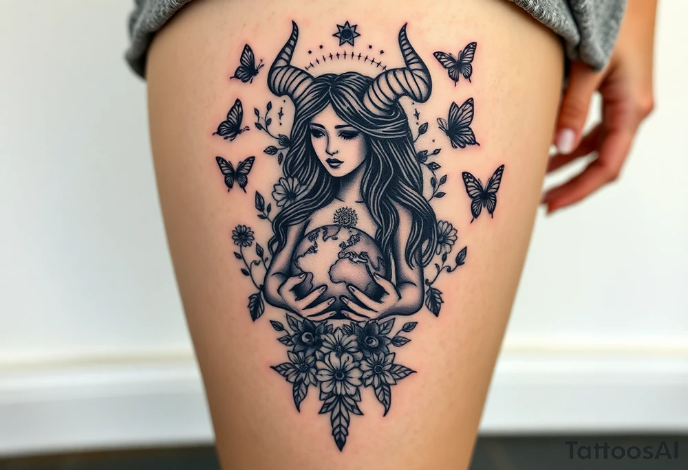 Taurus goddess with earth in her hands and butterflies and flowers all around her tattoo idea