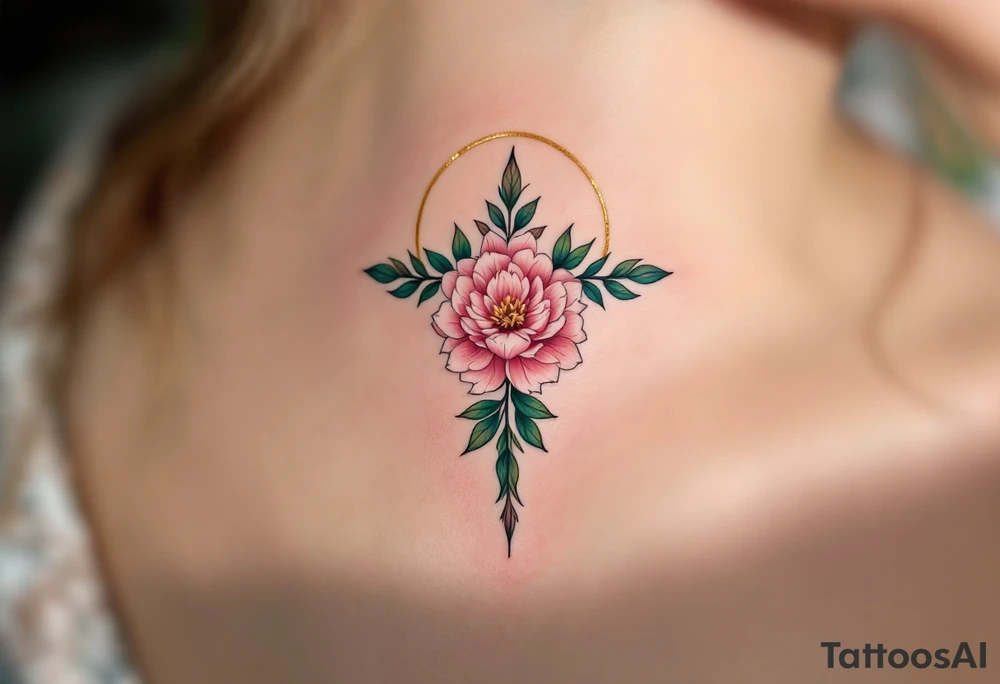 Lada's Symbol — A symmetrical floral cross in soft rose pink and leafy green, resembling a blooming peony, surrounded by a golden halo of light. tattoo idea