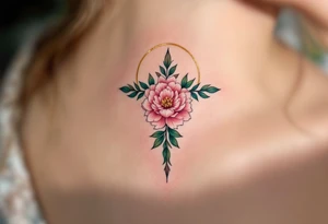 Lada's Symbol — A symmetrical floral cross in soft rose pink and leafy green, resembling a blooming peony, surrounded by a golden halo of light. tattoo idea