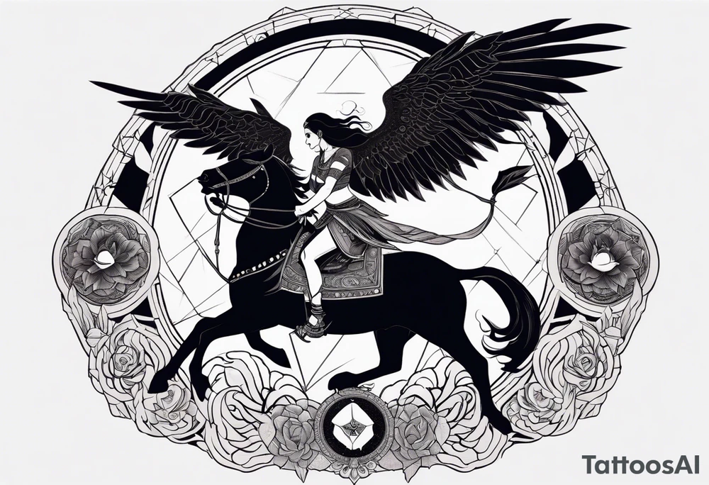 black kali, goddess pirate, alien, angel, pachamama, valkrye, warrior, flying, skull, lotus azul, wing, eagle, zenza resonance, stars, 5D, anahata chakra, death, durga, riding on a tiger, flying lady tattoo idea